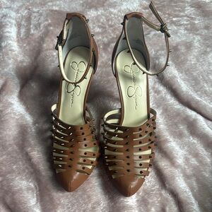 Brown Studded Ankle Strap Heels
